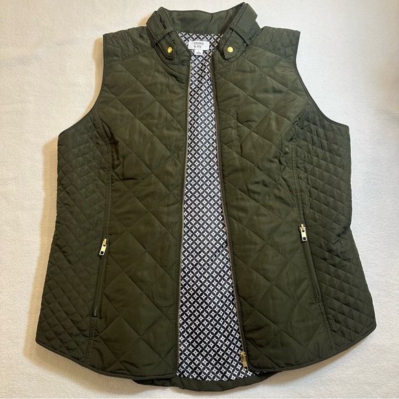 Crown & Ivory Quilted Vest Gold Zip Accents Olive Green Size Large - Picture 6 of 8